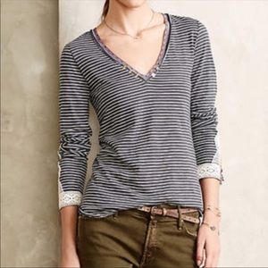 Anthropologie striped crochet cuff Henley top